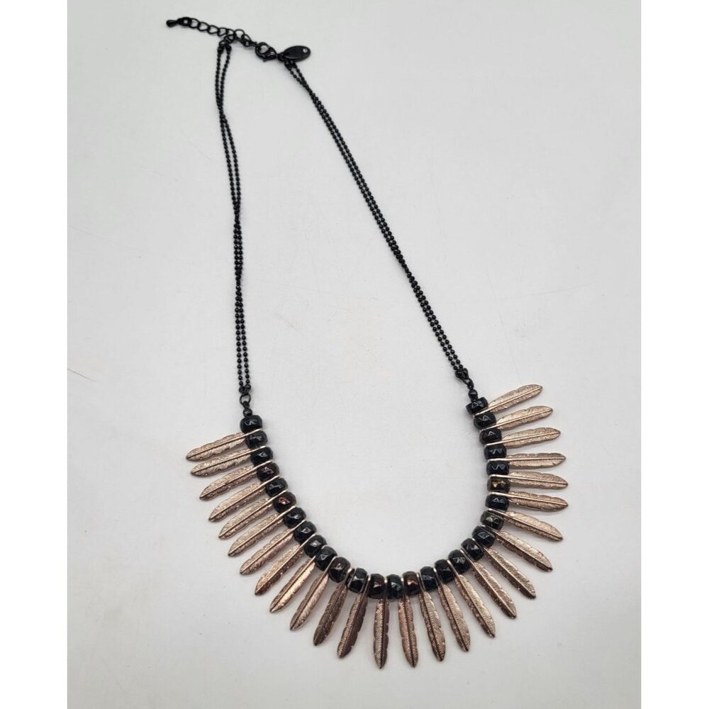 Charming Charlie Black Gold Tone Feather Dangle Fringe Statement Necklace - Picture 3 of 7